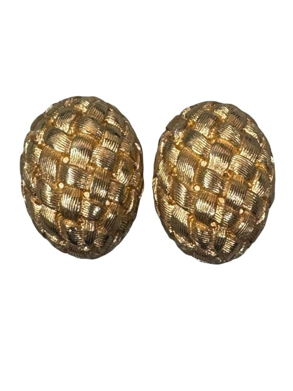 Vintage Signed KJL Kenneth J Lane Gold Tone basket weave Large Clip On Earrings